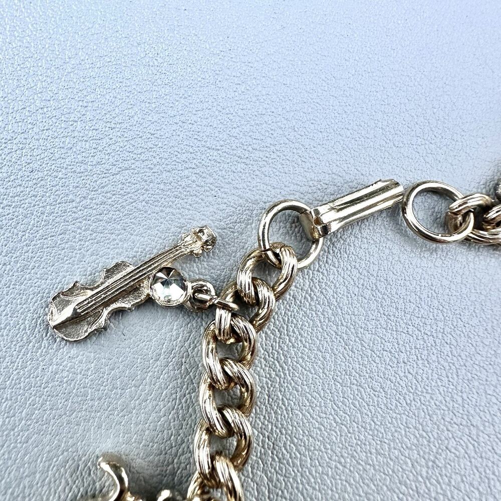 Vintage Musical Instruments Charm Bracelet Gold Tone Rhinestone Notes Chain - Picture 4 of 5